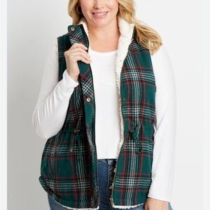 Maurices Green and Red Plaid Vest with Sherpa Lining